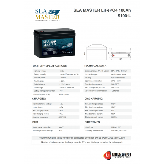 Μπαταρία Sea master Λιθίου S100-L 12.8v-100ah, 1280Wh βαθειάς εκφόρτισης